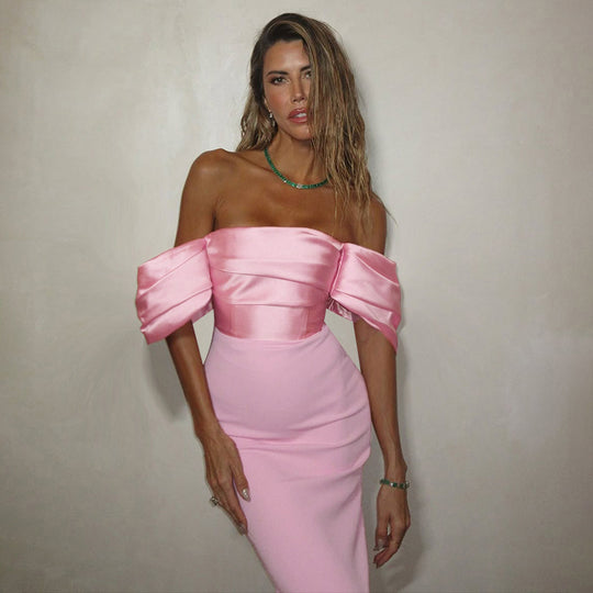 Damen schulterfreies Maxikleid mit elegantem Wickeldetail und voluminösen Puffärmeln EB