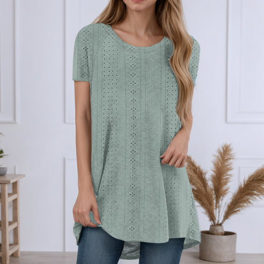 Damen nan locker geschnittene Broderie-Anglaise Tunika mit Rundhalsausschnitt, seitlichen Schlitzen und abgerundetem Saum EB
