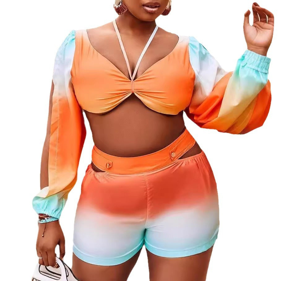 Damen cropped Top mit schulterfreien Ärmeln und farbverlaufendem Design EB
