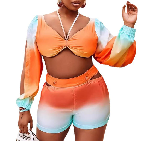 Damen cropped Top mit schulterfreien Ärmeln und farbverlaufendem Design EB