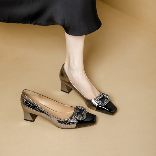 Damen elegante Pumps mit glänzender Schnalle und modischem Blockabsatz EB