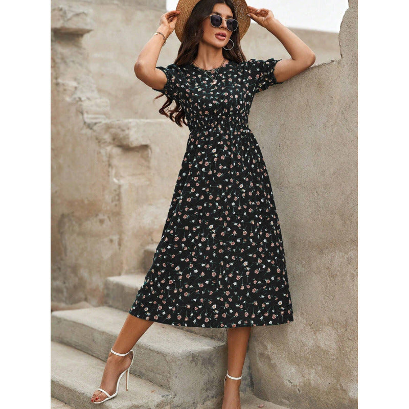 Damen Leichtes Blumendruck Maxi Kleid mit Smock-Taille EB