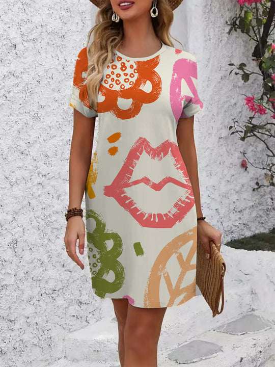 Damen lässiges T-Shirt Kleid mit kreativem Stempel-Design EB