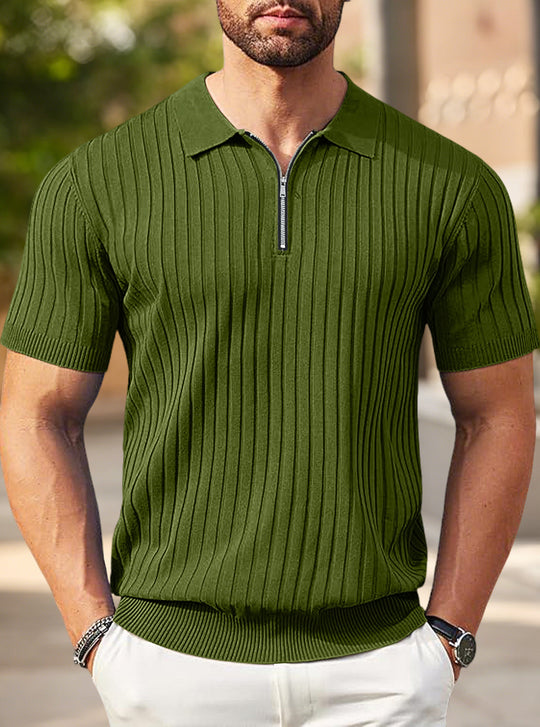 Herren nan elegantes strukturiertes Kurzarm-Strickpolo mit kurzem Metallreißverschluss und Hemdkragen EB