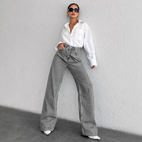 Damen Weite High-Waist Jeans im klassischen Schnitt mit dekorativen Nähten EB