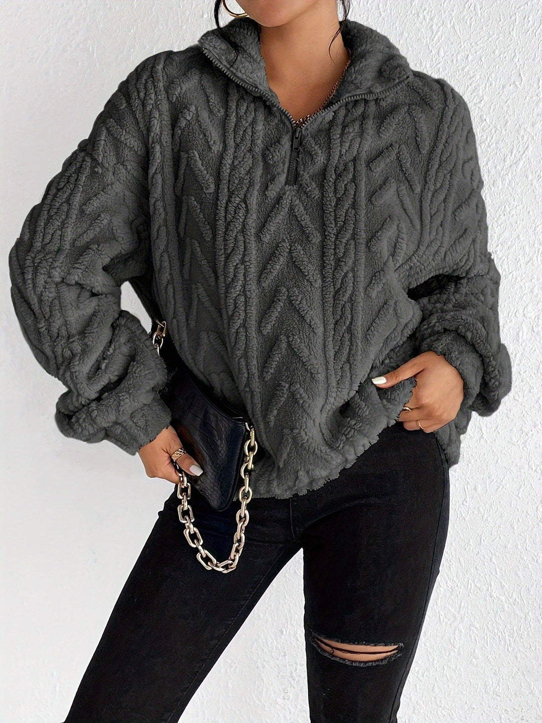 Damen Kuscheliger Fleece-Pullover mit hohem Kragen und Zipper-Detail EB