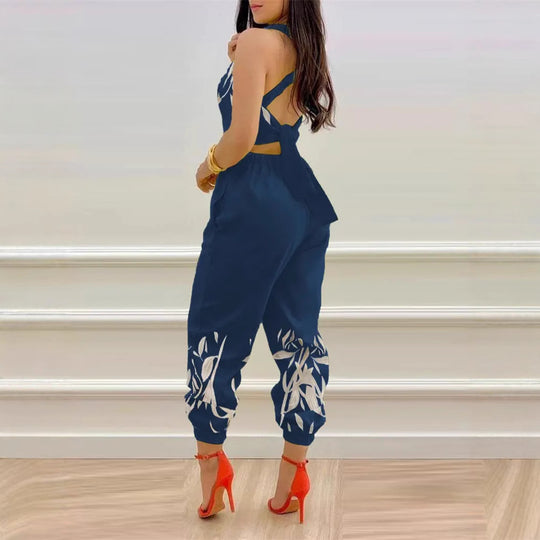 Damen modisches Jumpsuit mit floralem Design und tiefem Rückenausschnitt EB