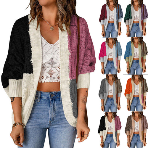 Damen lässige Strickjacke mit buntem Patchwork-Design und weitem Schnitt EB