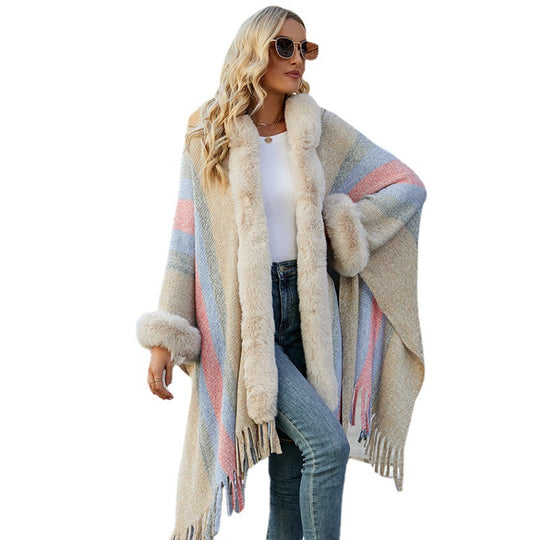 Damen modischer Poncho mit luxuriösem Kunstfellkragen und Fransen EB