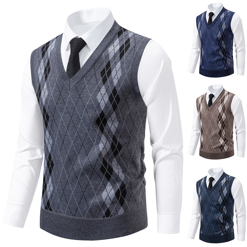 Herren eleganter V-Ausschnitt Pullunder im argyle Muster EB