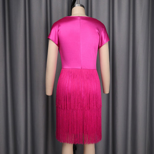 Damen schimmerndes Fransen Kleid mit eleganter Drapierung EB