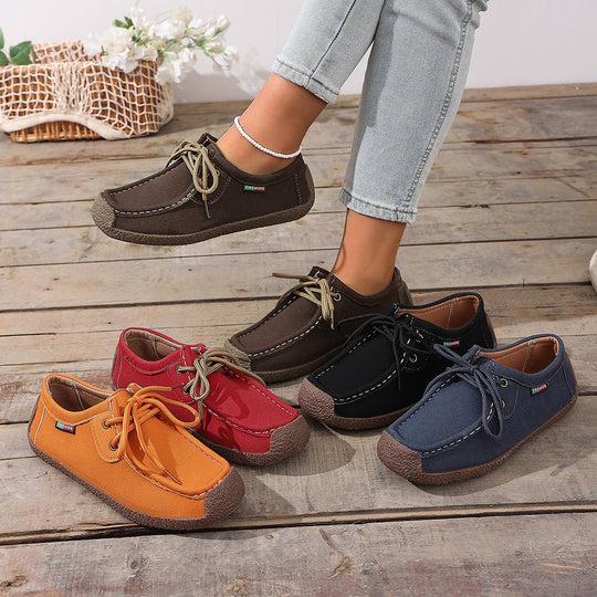 Damen  lässige Mokassin-Slipper aus Veloursimitat mit dekorativer Ziernaht, elastischer Schnürung und flexibler Gummisohle EB