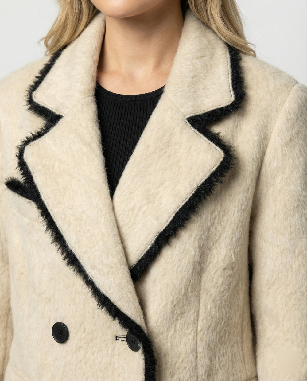 Damen Grobstrickjacke Damen weit geschnittener Doppelreiher Mantelblazer aus Flauschgarn mit Reverskragen und Pattentaschen EB