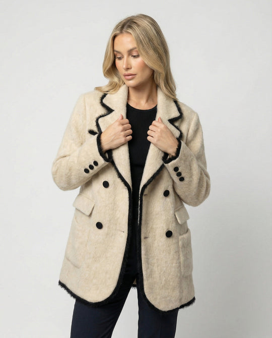Damen Grobstrickjacke Damen weit geschnittener Doppelreiher Mantelblazer aus Flauschgarn mit Reverskragen und Pattentaschen EB