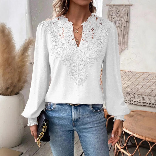 Damen nan Spitzenapplikation V-Ausschnitt Bluse mit Strukturpunkt, gerafften Manschetten und leicht taillierter Silhouette EB