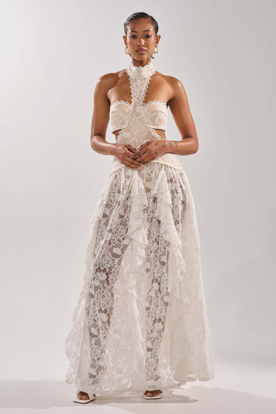 Damen elegante Spitzentraumkleid mit hochgeschlossenem Kragen und fließendem Rock EB