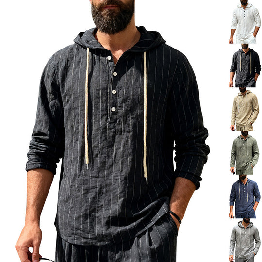 Herren nan Kapuzenshirt aus Leinenmix mit halber Knopfleiste und Nadelstreifen EB