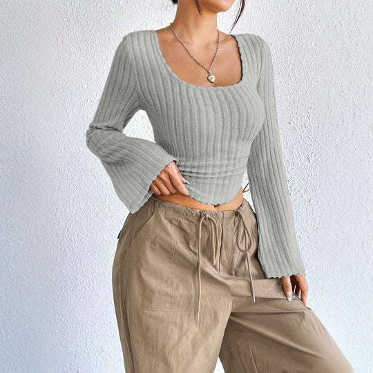 Damen geripptes Crop-Top mit quadratischem Ausschnitt, gewelltem Saum und ausgestellten Ärmeln Eichborn Berlin