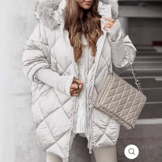 Damen Oversized Steppjacke mit abnehmbarem Kunstfellkragen EB