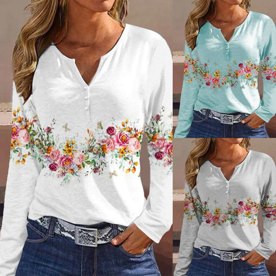 Damen Langarmshirt mit floralem Motiv und Knopfdetails EB