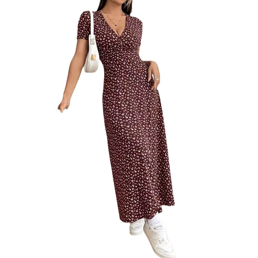 Damen Maxi-Kleid mit Blumenmuster und V-Ausschnitt EB