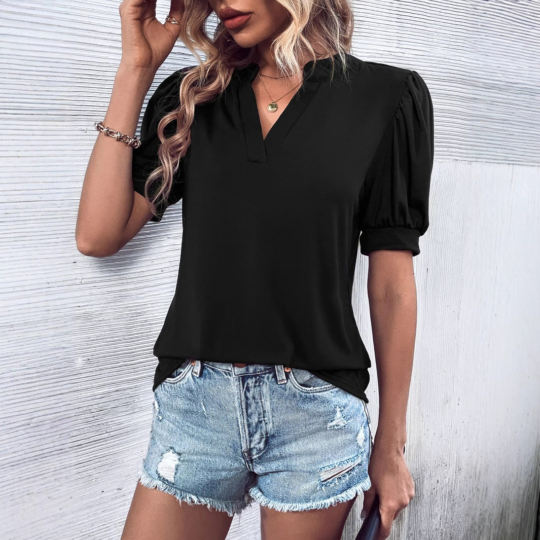 Damen elegantes Blusenshirt mit Puffärmel und V-Ausschnitt EB