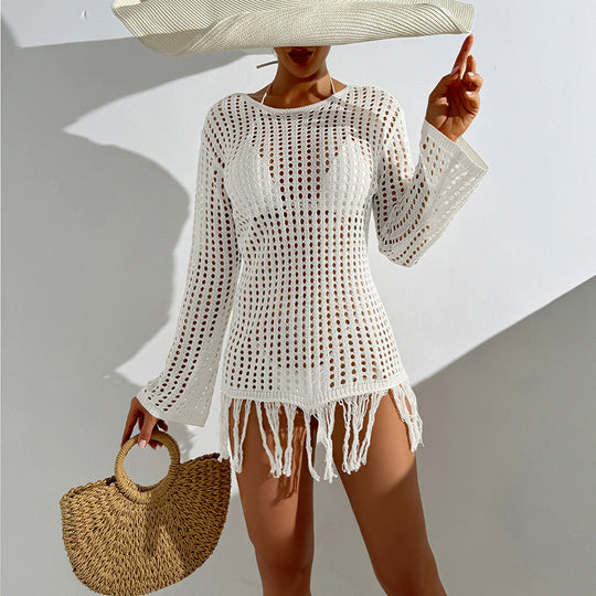 Damen Häkel-Strandüberwurf mit fransigem Saum und dekorativem Netzdesign EB