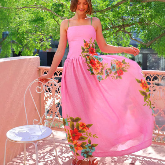 Damen Maxikleid mit floralem Drapierungsdesign und ankle bared Trägern EB