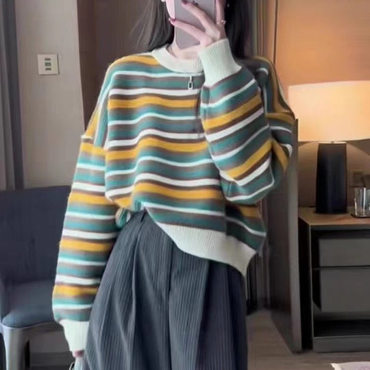 Damen gestreifter Pullover mit weitem Schnitt und modischen Details EB