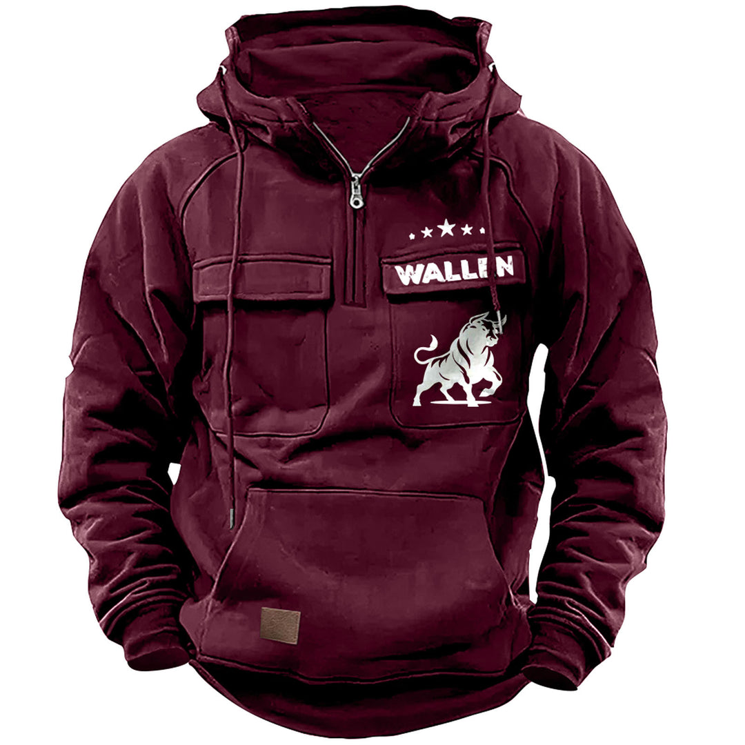 Herren nan Kapuzenpullover mit Halbzip, Cargo-Brusttaschen und Kängurutasche EB