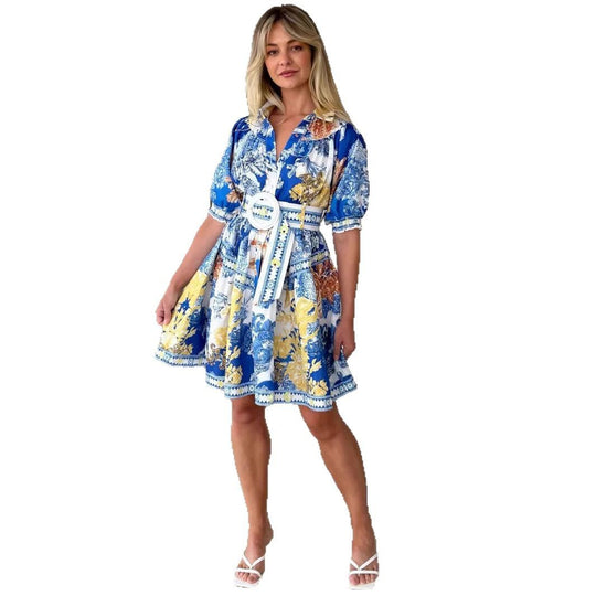 Damen Kurzarmkleid mit elegantem floralem Design und gerafftem Bund EB