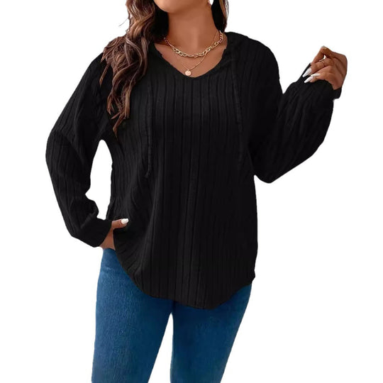 Damen nan gerippter Kapuzenpullover aus Feinstrick mit V-Ausschnitt EB
