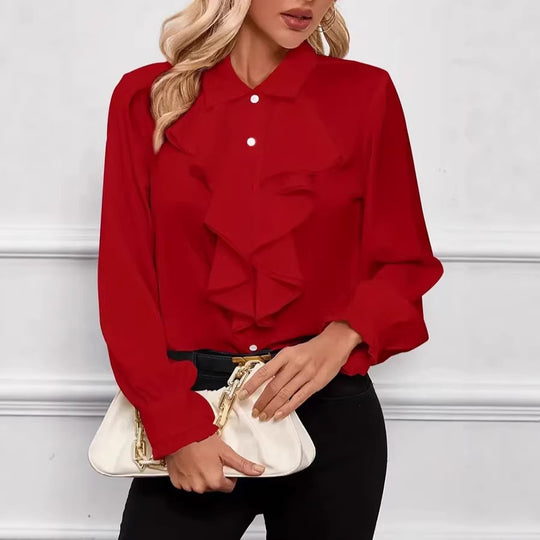 Damen Elegante Rüschenbluse mit Volants, Hemdkragen und Manschetten EB