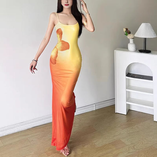 Damen figurbetontes Abendkleid mit Spaghettiträgern und Farbverlauf EB