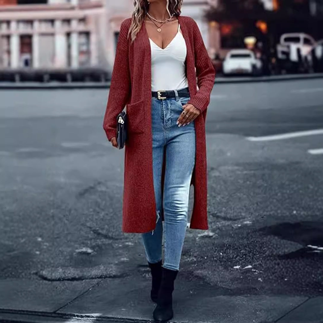 Damen Strickmantel mit langen Ärmeln und praktischen Taschen EB