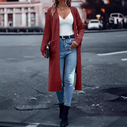 Damen Strickmantel mit langen Ärmeln und praktischen Taschen EB