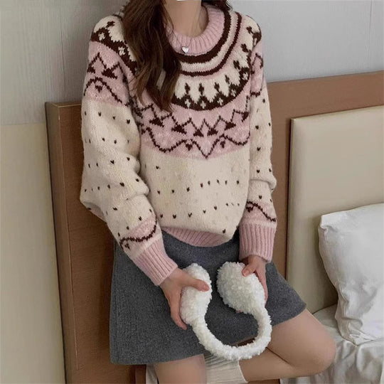 Damen Strickpullover mit grafischem Norweger-Muster und hohem Rundhalsausschnitt EB