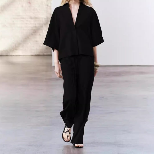 Damen elegantes Blusen und Hose Ensemble aus atmungsaktivem Stoff EB