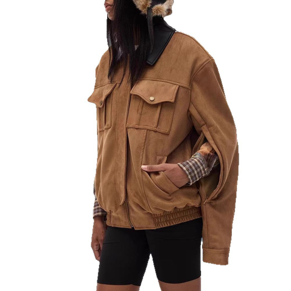 Damen Trendige Suede Jacke mit abnehmbarem Pelzkragen EB