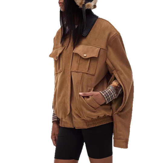 Damen Trendige Suede Jacke mit abnehmbarem Pelzkragen EB