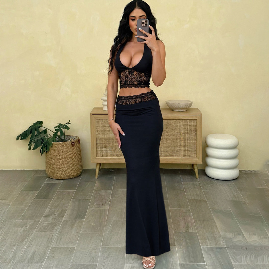 Damen Langer Sommerrock mit tiefem V-Ausschnitt und eleganter Spitzenapplikation EB