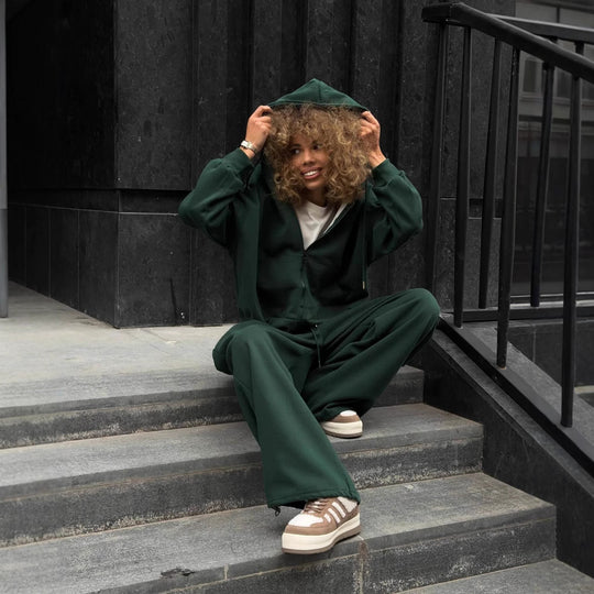 Damen oversized Kapuzenjacke mit Reißverschluss und weiten Jogginghose Lounge-Set EB