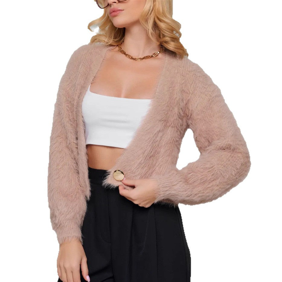 Damen Kurze flauschige Kunstfell-Cardigan mit offenem Schnitt und Raglanärmeln EB