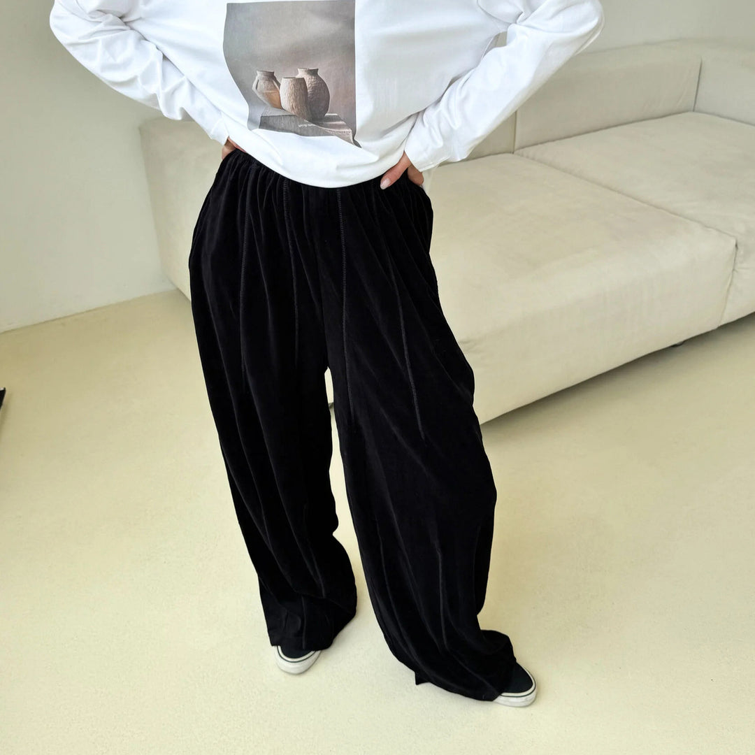 Damen weite Velours-Hose mit elastischem Bund und praktischen Seitentaschen EB