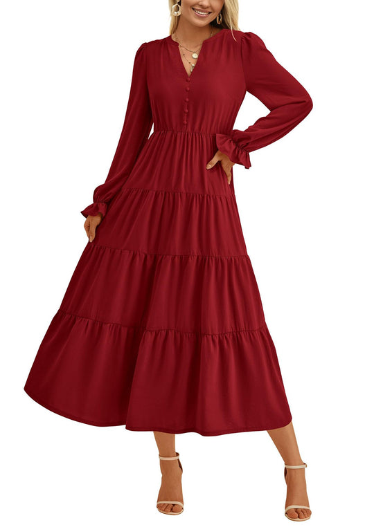 Damen Maxikleid mit romantischen Rüschendetails und elegantem V-Ausschnitt EB