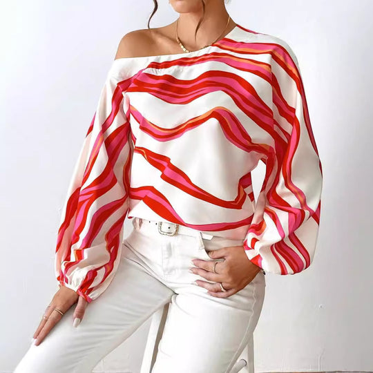 Damen Off-Shoulder Bluse mit voluminösen Ärmeln und maritimem Wellenmuster EB