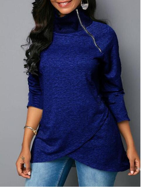 Damen Rundhals Shirt mit hoher Kragen und Reißverschluss EB