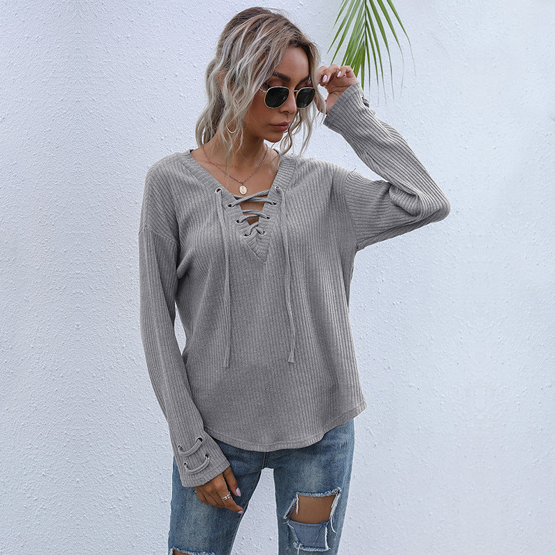 Damen lässiger Pullover mit V-Ausschnitt und Schnürung EB