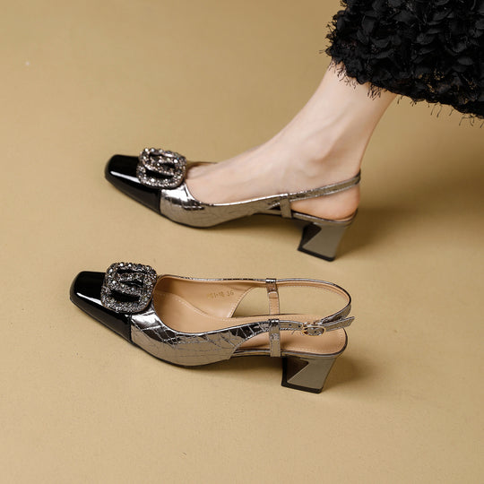 Damen Slingback-Pumps mit luxuriösem Schmuckelement und modischem Blockabsatz EB