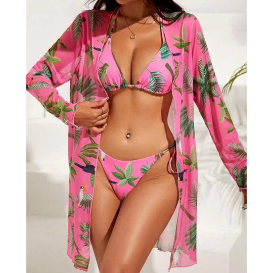 Damen Badeanzug mit transparenter Strandumhüllung und botanischem Druck EB